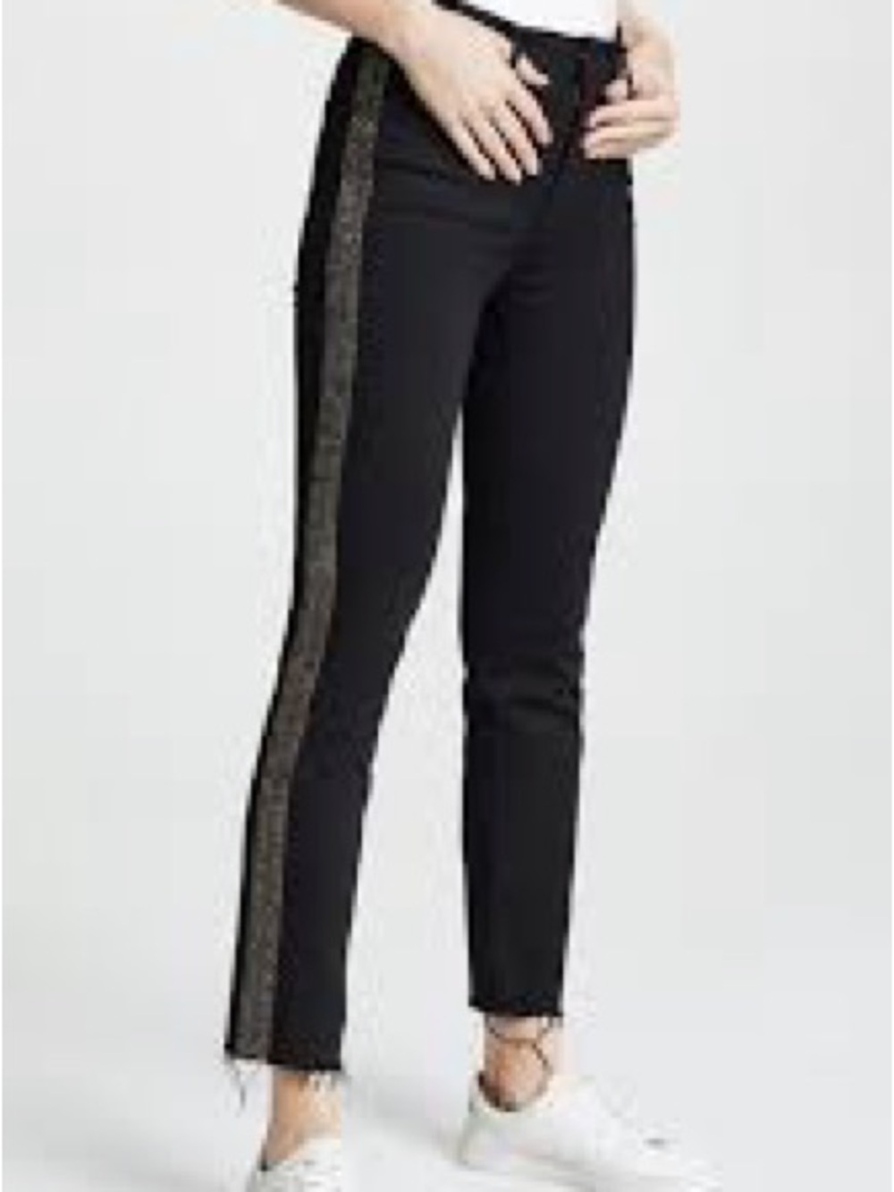 MOTHER The High Waisted Looker Ankle Fray Jeans Gold Stripe Black 30